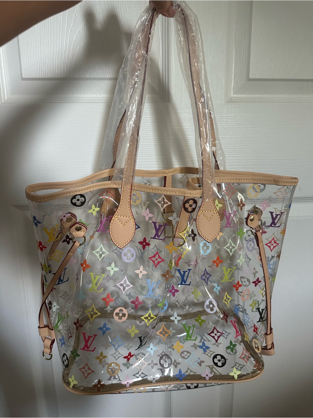 PVC TOTE WITH COLORFUL MONOGRAM PRINT